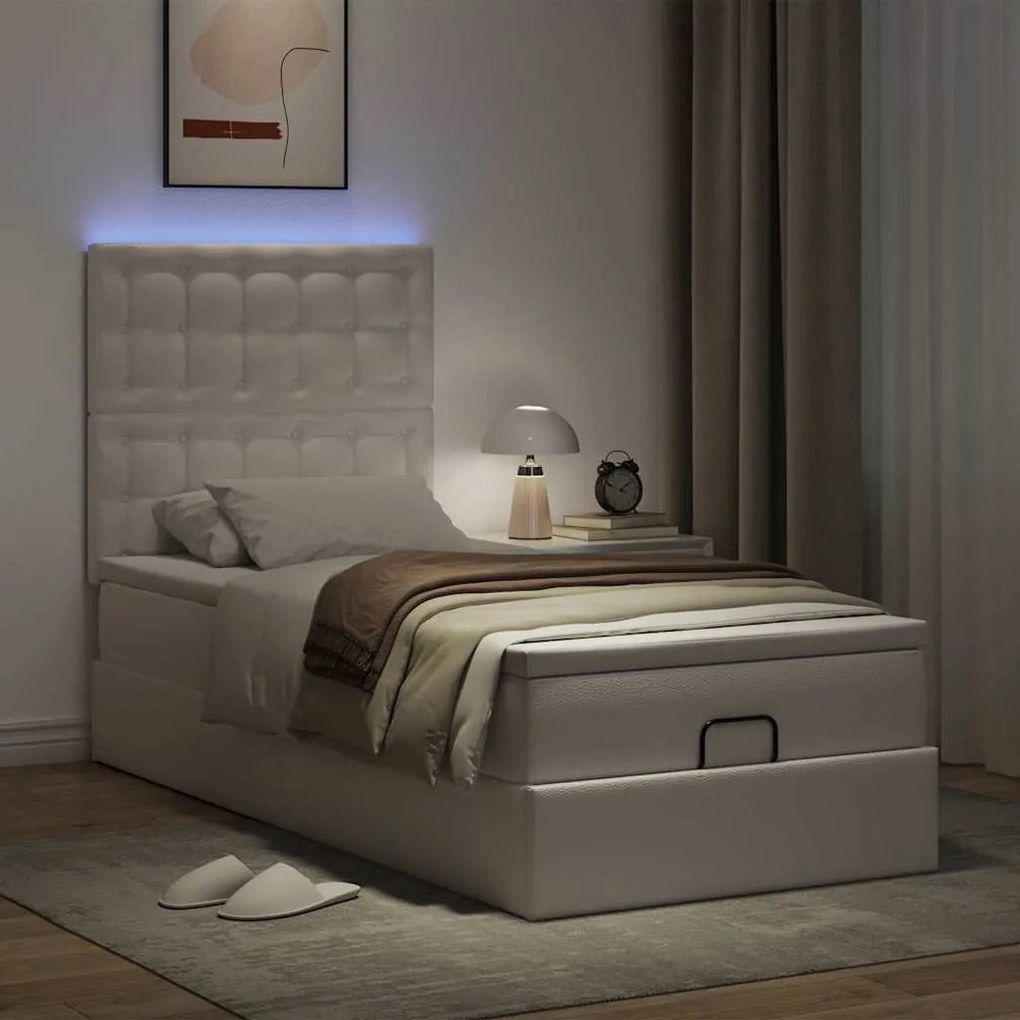 Estrutura de cama otomana com colchão branco couro falso