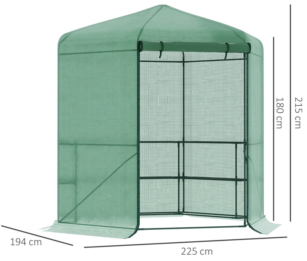Outsunny Estufa de Jardim Hexágono 194x194x215cm Estufa com 6 Prateleiras Porta Enrolável e Estrutura de Aço Galvanizado para Cultivos de Plantas Vasos de Flores Verde