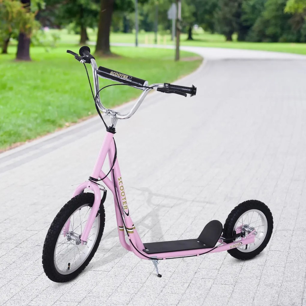 Trotinete Infantil com 2 Rodas 2 Freios e Cavalete Cor Rosa - Alumínio - 125x58x92-100 cm com Rodas Grandes