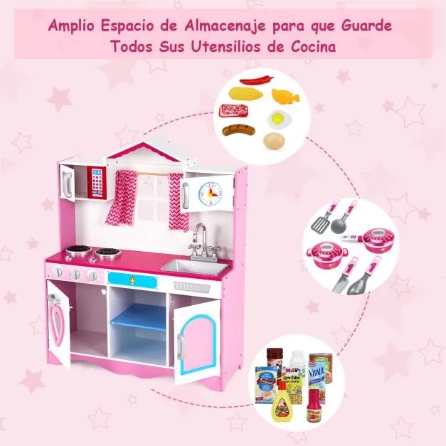 Cozinha de brincar de madeira para crianças com lava-loiça e torneira com forno micro-ondas e fogão Som realista Rosa + Branco