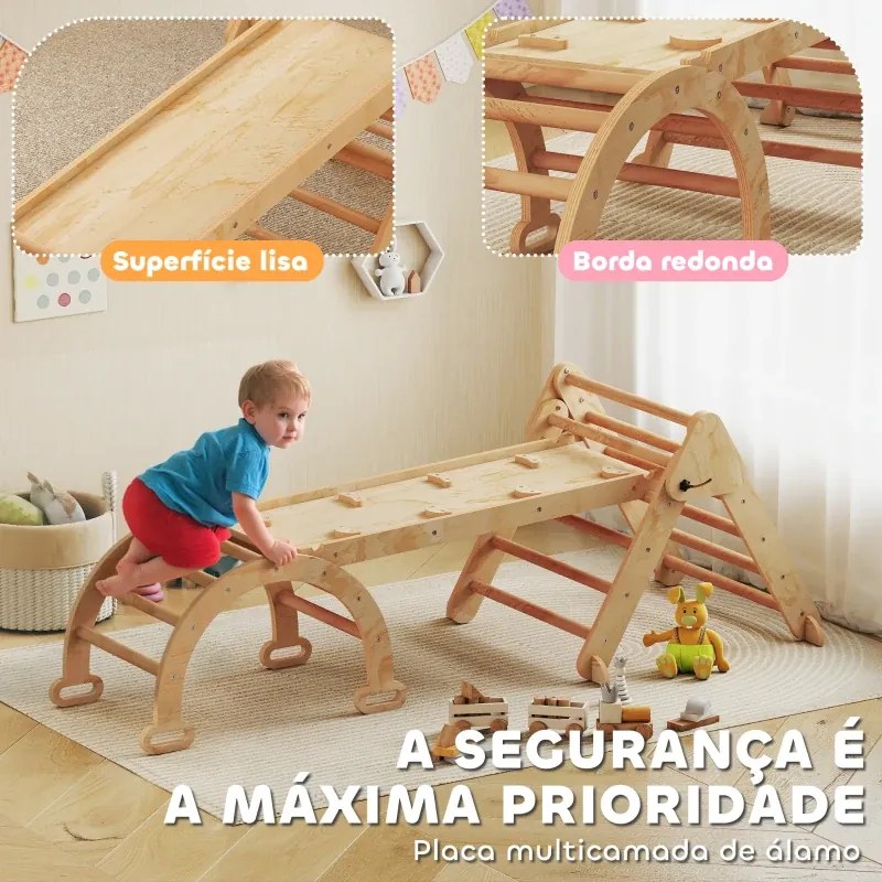 Triângulo de Escalada 7 em 1 com Arco e Rampa Escalada para Crianças de Madeira Dobrável para 18-48 Meses 188x70 cm Madeira
