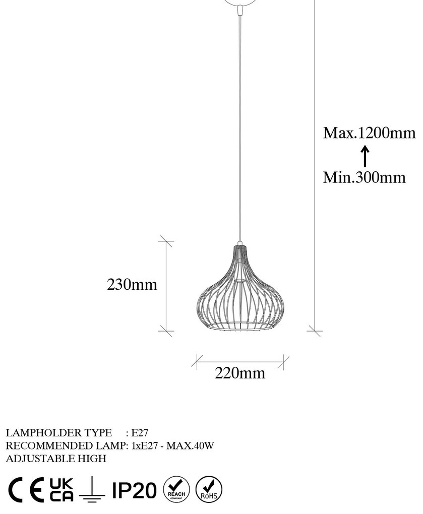 Candeeiro Suspenso Teldamla – Preto Antigo – 22 x 22 x 120 cm