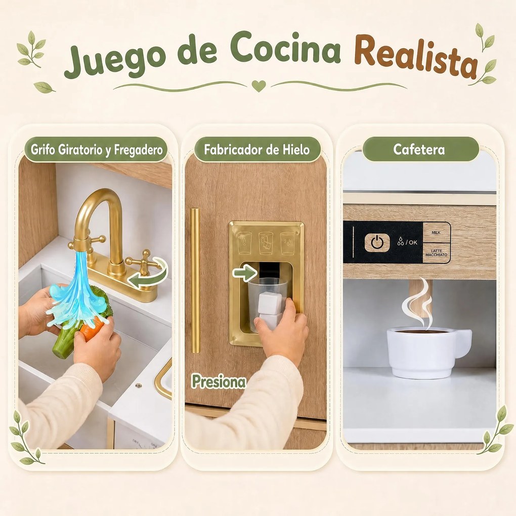 Cozinha Infantil de Brincar, 84 x 30 x 90 cm, Placa com Luz e Som, Natural+Branco