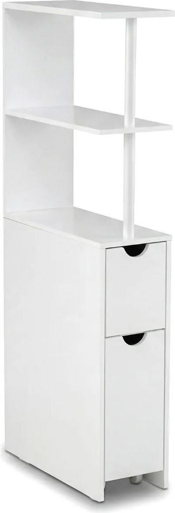 Armário de arrumação estreito de casa de banho 45 × 20 × 114 cm compacto, com prateleiras abertas, gaveta extraível e carrinho branco