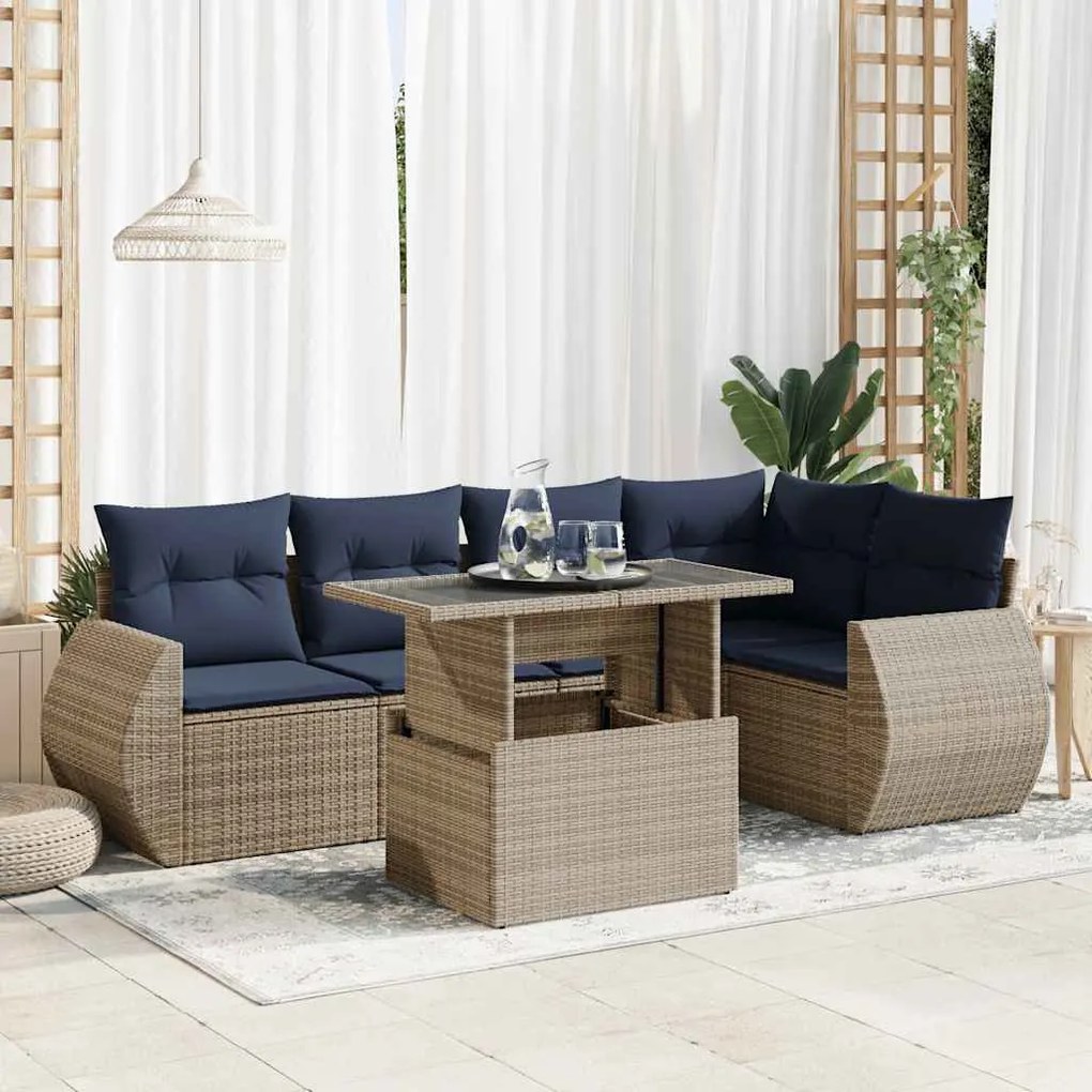 6 pcs conjunto sofás jardim com almofadões PE/acácia cinzento