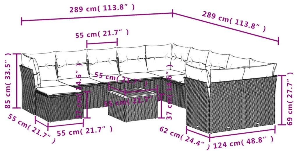 12 pcs conjunto de sofás jardim c/ almofadões vime PE cinzento