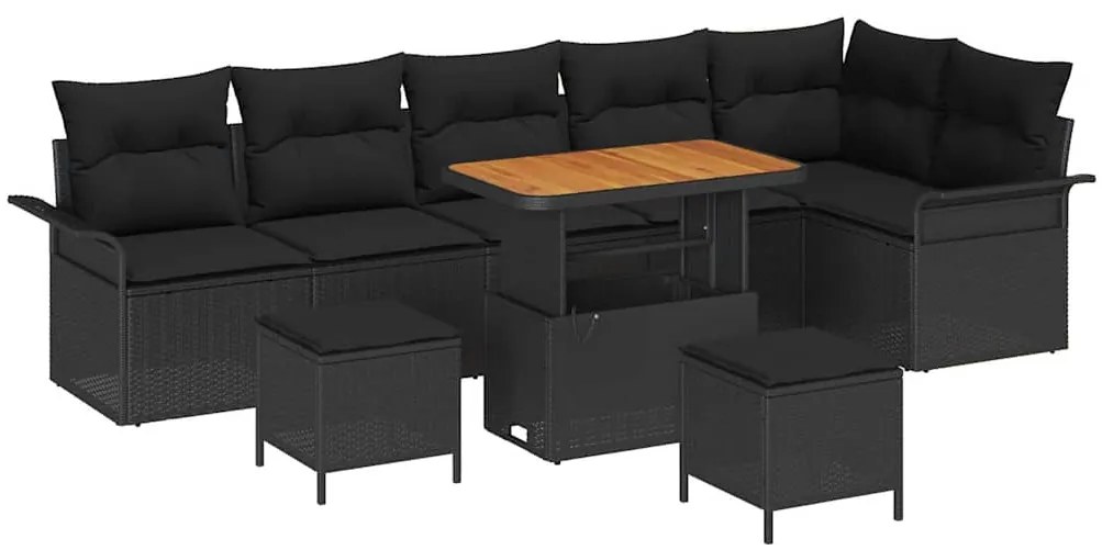 Conjunto de Sofá de Jardim com 9 Peças da e Almofadas Pretas em Rattan
