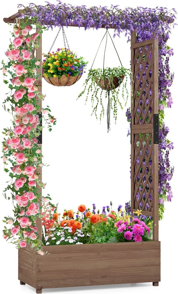 Floreira jardim elevada de madeira com treliça em arco Furo de drenagem 110 x 44 x 182 cm Castanho