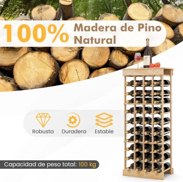 Garrafeira com 10 níveis empilhável para 40 garrafas 750 ml Estante para vinhos em madeira de pinho 47 x 28 x 113 cm natural