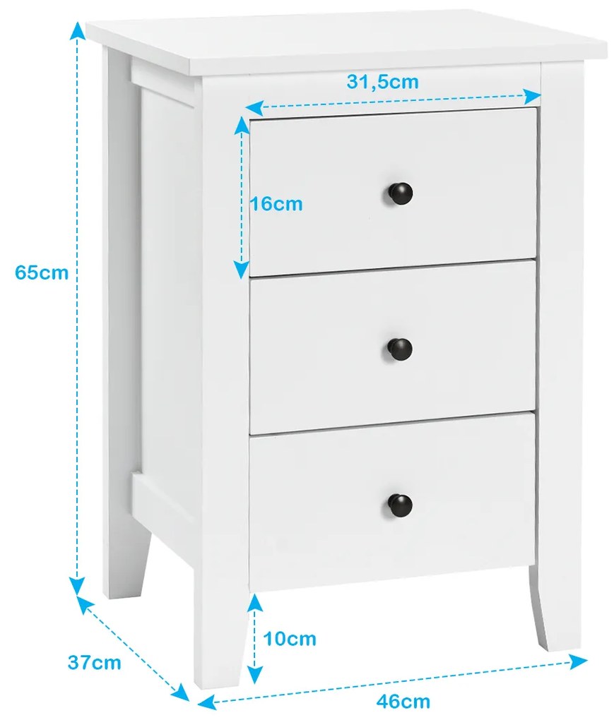 Conjunto de 2 Mesas Cabeceira com 3 Gavetas com Estrutura Resistente para Sala e Quarto 46 x 37 x 65 cm Branco