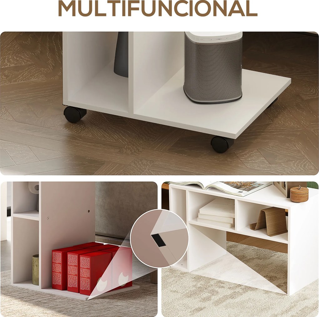 Mesa Auxiliar em Forma de C Mesa Auxiliar para Sofá com Rodas Compartimentos Abertos 40x30x69 cm Branco