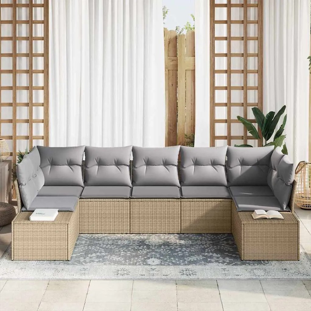 Conjunto de Sofá de Jardim com Almofadas Bege Vime PE