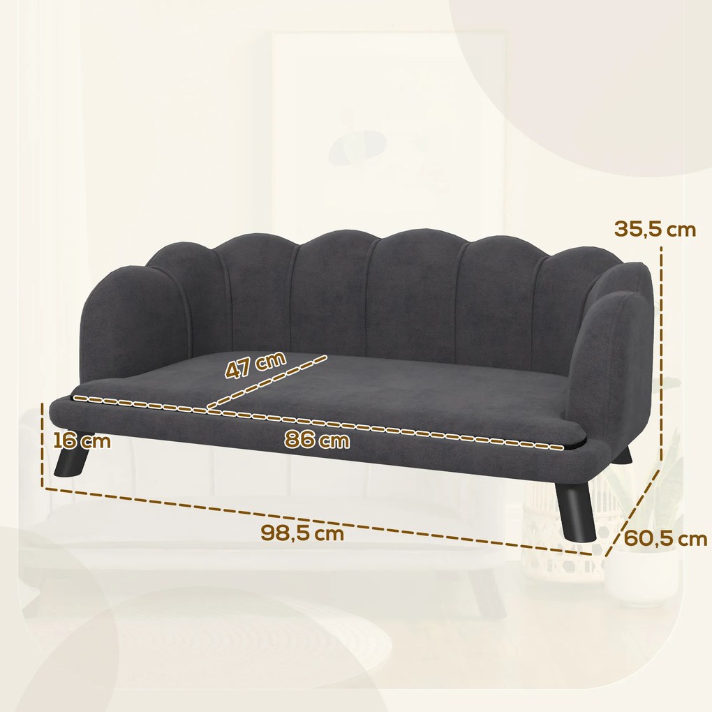 Cama para cães e gatos com design contemporâneo em forma de concha, dimensões: 98 C x 60 L x 35 A cm, almofada macia em veludo cinzento