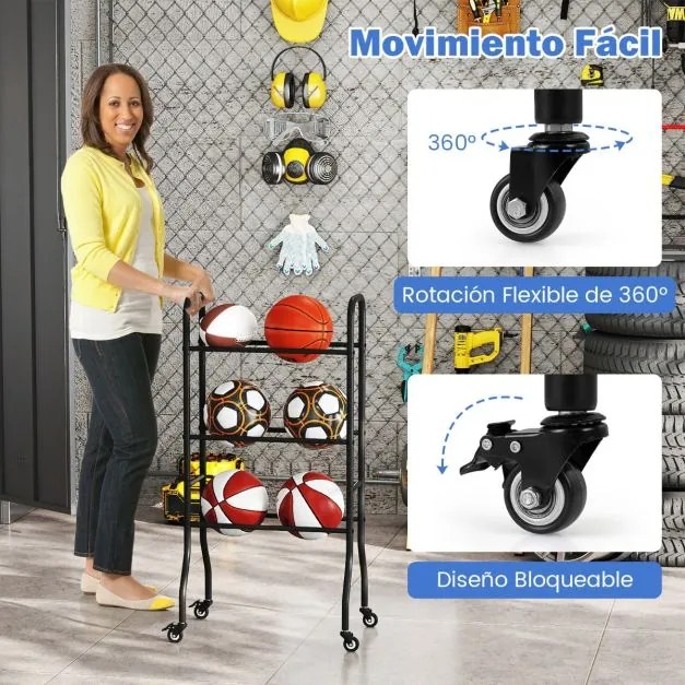 Estante para bolas de basquetebol de 3 níveis 52 x 37 x 110 cm com 4 rodas universais Estrutura preta
