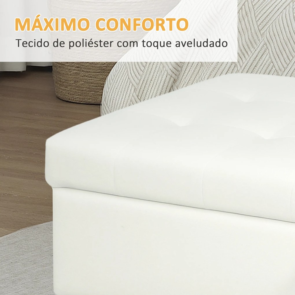 Banco de Arrumação Baú Estofado em Veludo com Pés de Madeira Capacidade 71L para Quarto Entrada ou Sala 100x50x43 cm Creme