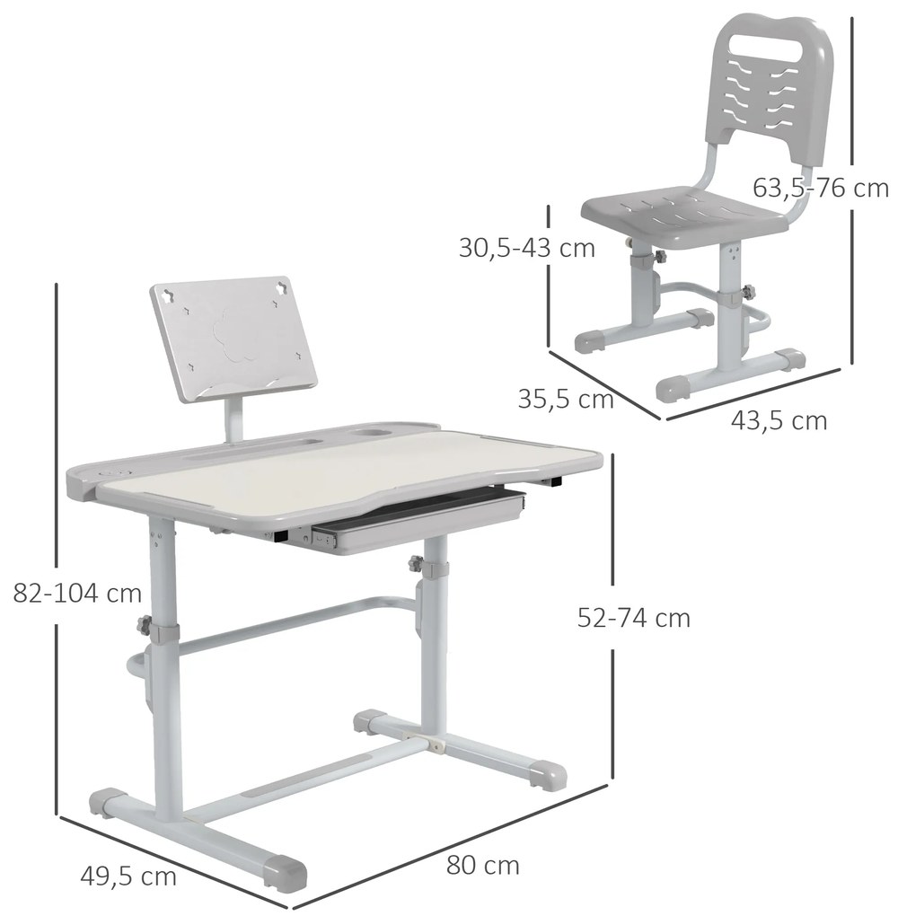 Conjunto de Secretária e Cadeira para Crianças com Altura Ajustável e Ângulo da Mesa Ajustável 80x50x82-104cm Cinza e Branco