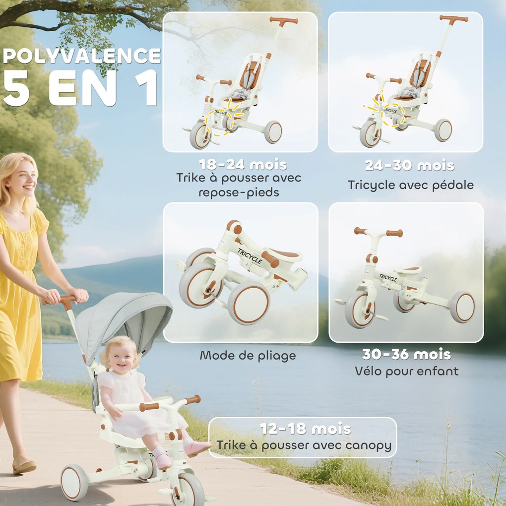 Triciclo evolutivo 5 em 1 para bebés, triciclo dobrável para crianças com pega ajustável e capota removível, para idades entre 1 e 3 anos, cor creme