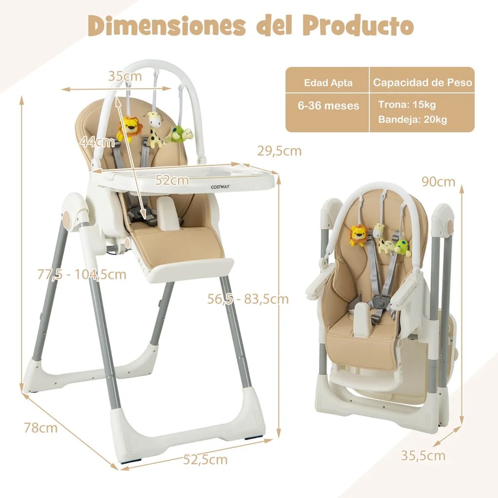 Cadeira refeição alta dobrável 4 em 1 para bebé com apoio para os pés retrátil de 7 alturas, rodas com travão, almofada removível 78 x 52,5 x 104,5 cm