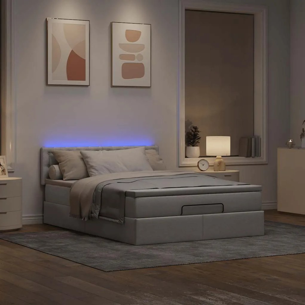 Cama Otomana com Colchão &amp; LEDs Taupe 140x200 cm Tecido