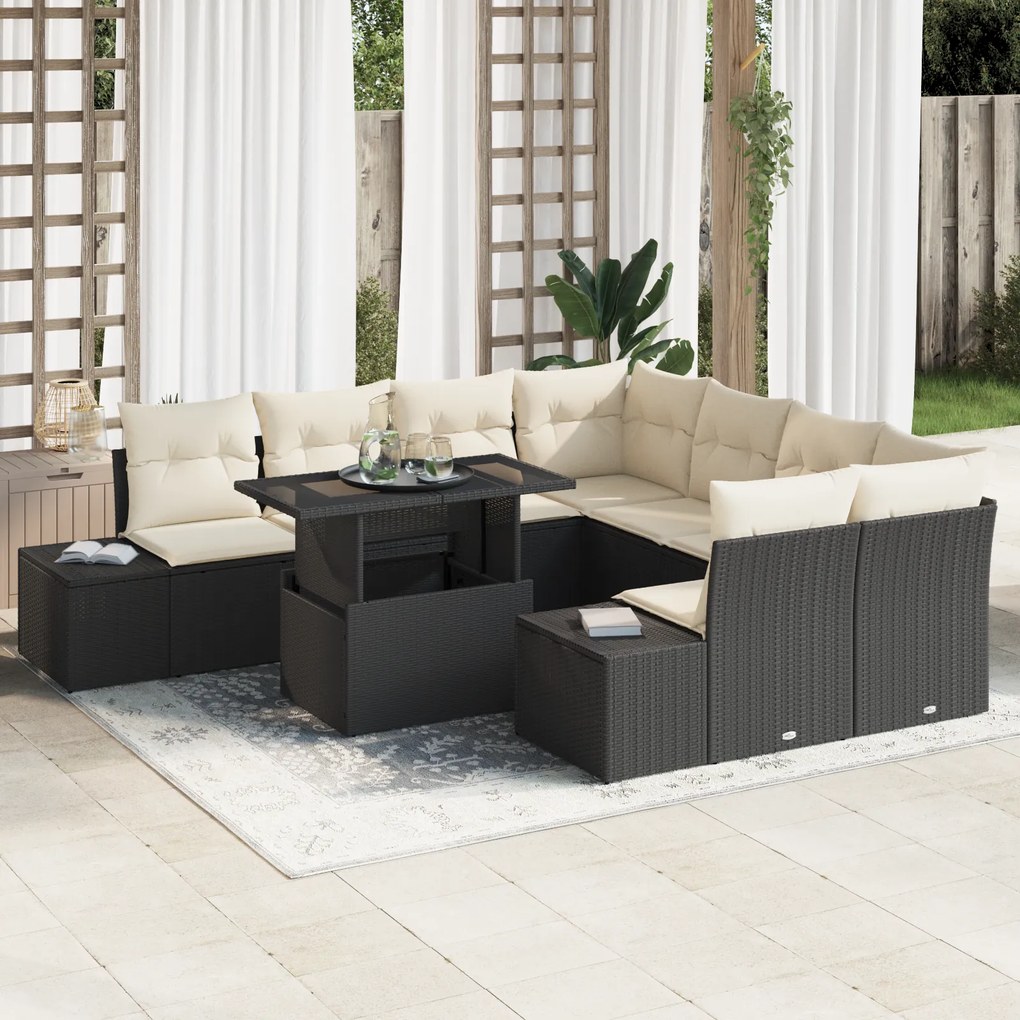 vidaXL Conjunto de Sofá de Jardim 9 Peças com Almofadas Rattan Preto