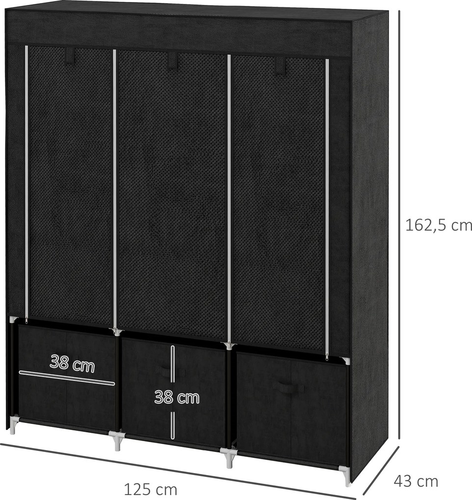 Guarda Roupa dobrável em tecido com 5 prateleiras, 2 varões e 3 gavetas em tecido 125 x 43 x 162,5 cm Preto