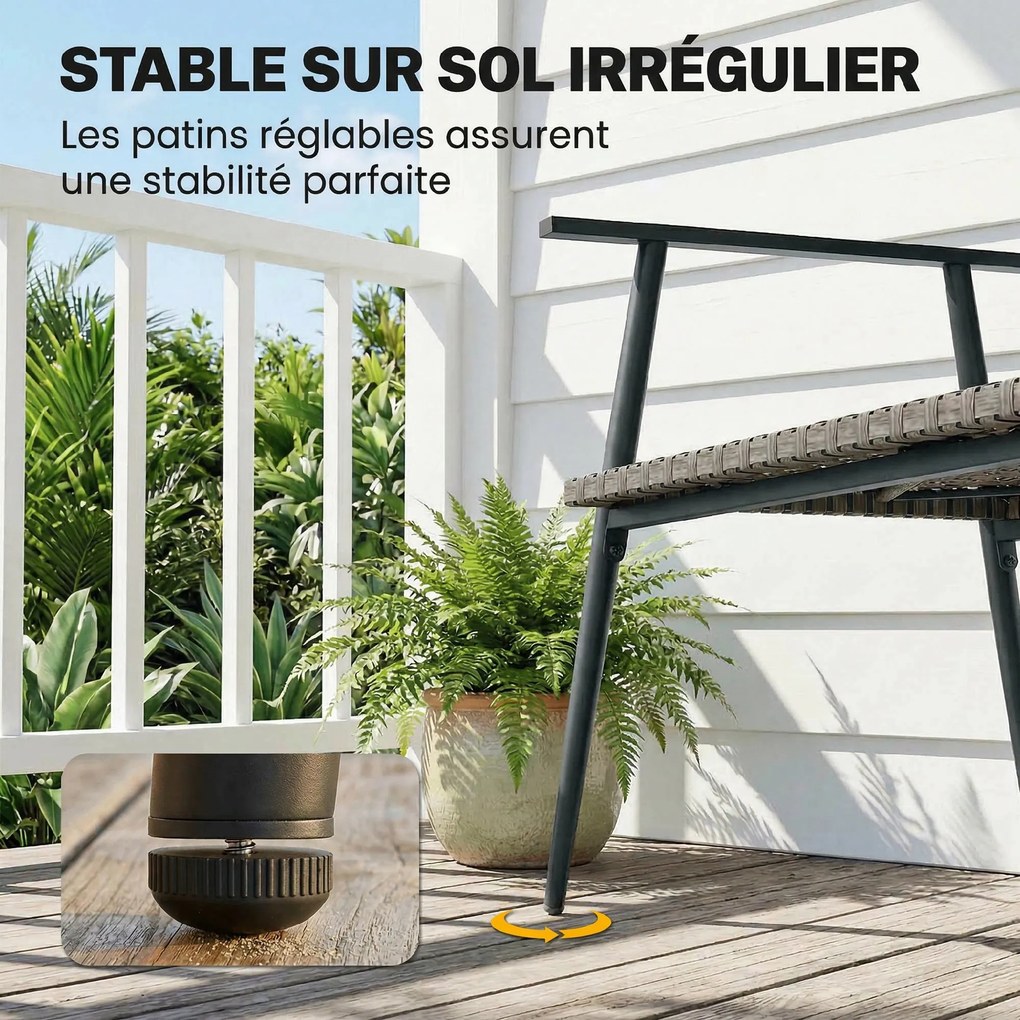 Banco de jardim de 2 lugares em resina trançada e aço 110 x 58 x 78 cm, com braços, encosto e pés ajustáveis, cinzenta