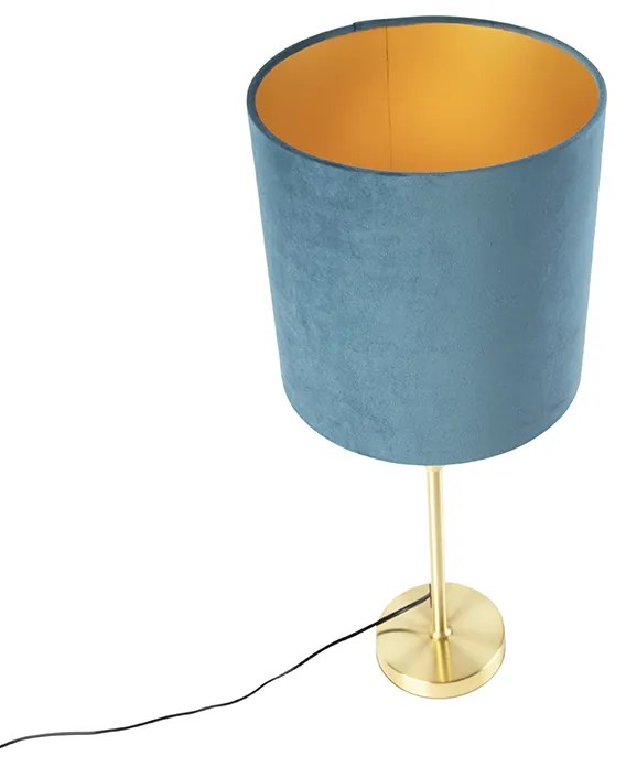 Candeeiro de mesa dourado/latão com abajur de veludo azul 25 cm - Parte Country / Rústico