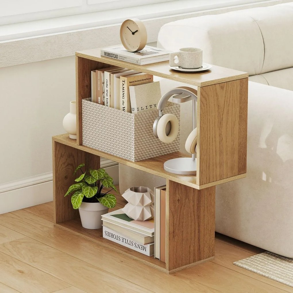 Estante para livros 80 × 22 × 70 cm de 2 níveis com espaço de armazenamento Natural