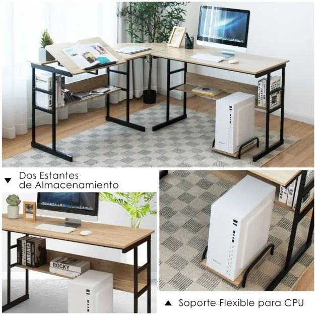 Secretária de canto moderna em forma de L 170 x 150 x 75 cm Mesa de desenho inclinável com prateleira inferior Estrutura em metal natural