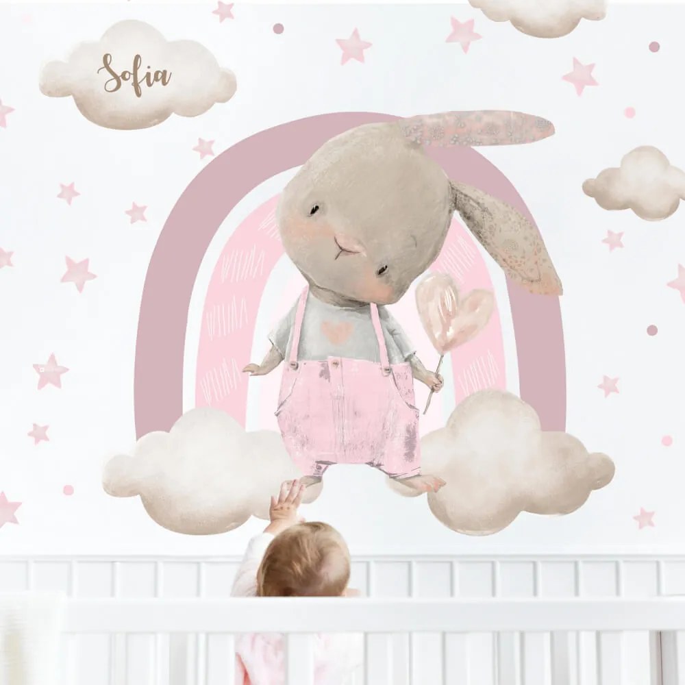 Autocolante por cima do berço para uma menina - Coelhinho com um arco-íris cor-de-rosa