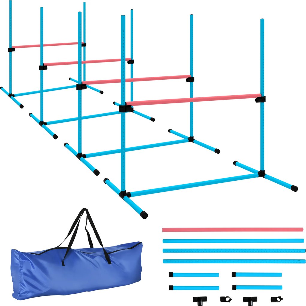 PawHut Conjunto Agility Cães 4 peças altura ajustável Equipamento de Agility com 4 barreiras Bolsa de transporte 99 x 65 x 94 cm Azul-claro | Aosom Portugal