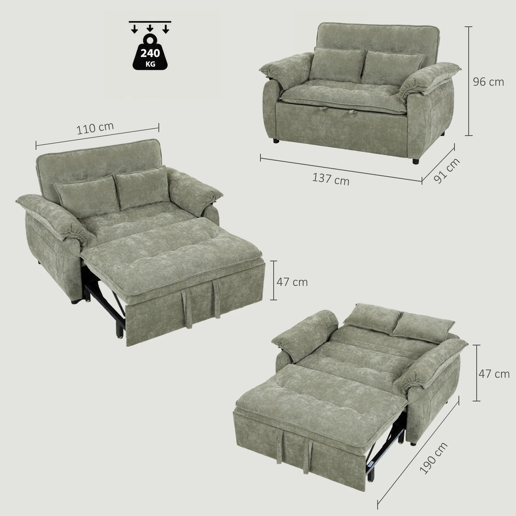 Sofá-cama de 2 Lugares, 137 x 91 x 96 cm, Encosto Regulável em 5 Posições, Verde