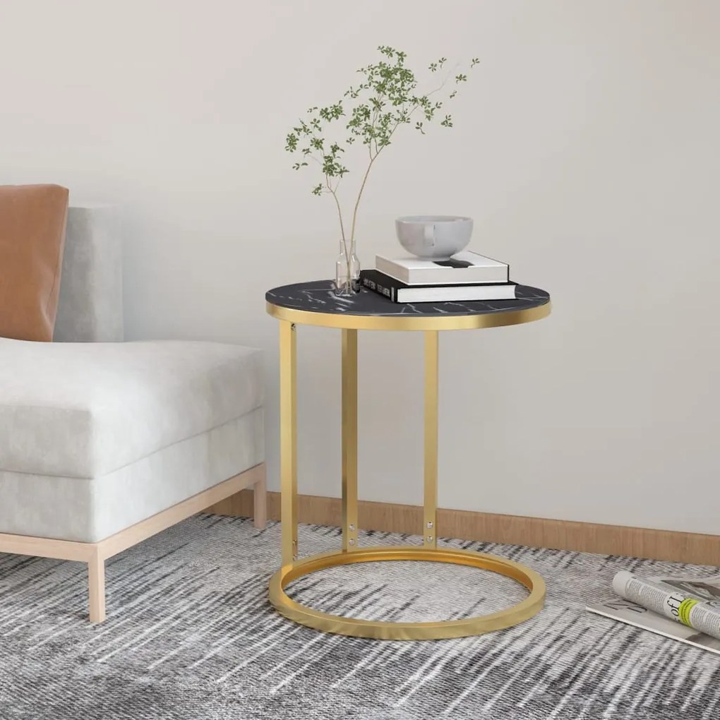 vidaXL Mesa de apoio 45 cm dourada e vidro temperado preto mármore