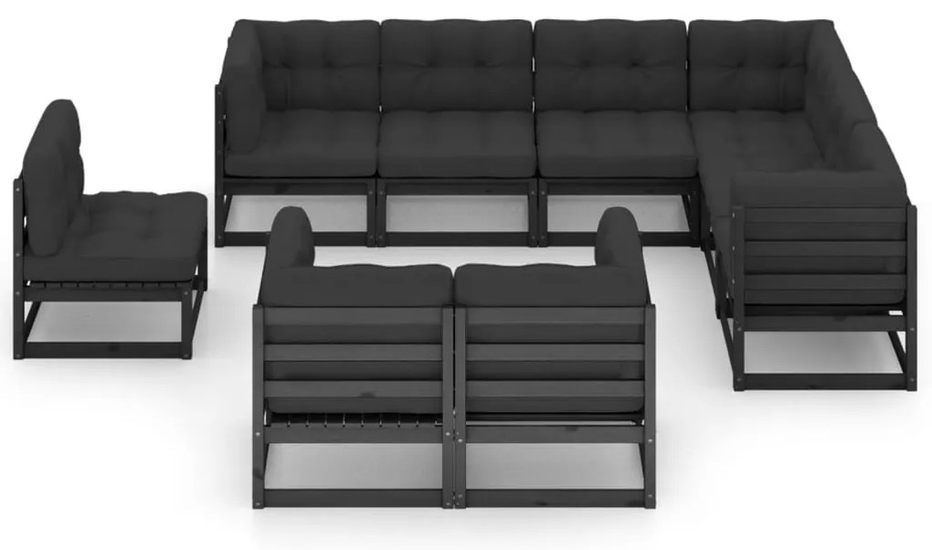 9pcs conjunto longue de jardim c/ almofadões pinho maciço preto
