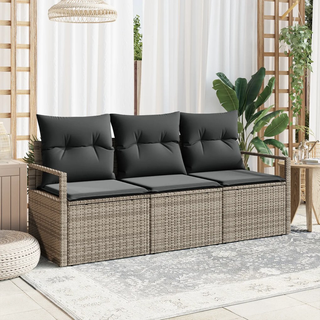 vidaXL Conjunto de Sofá de Jardim 3 Peças com Almofadas Cinza Polirattan