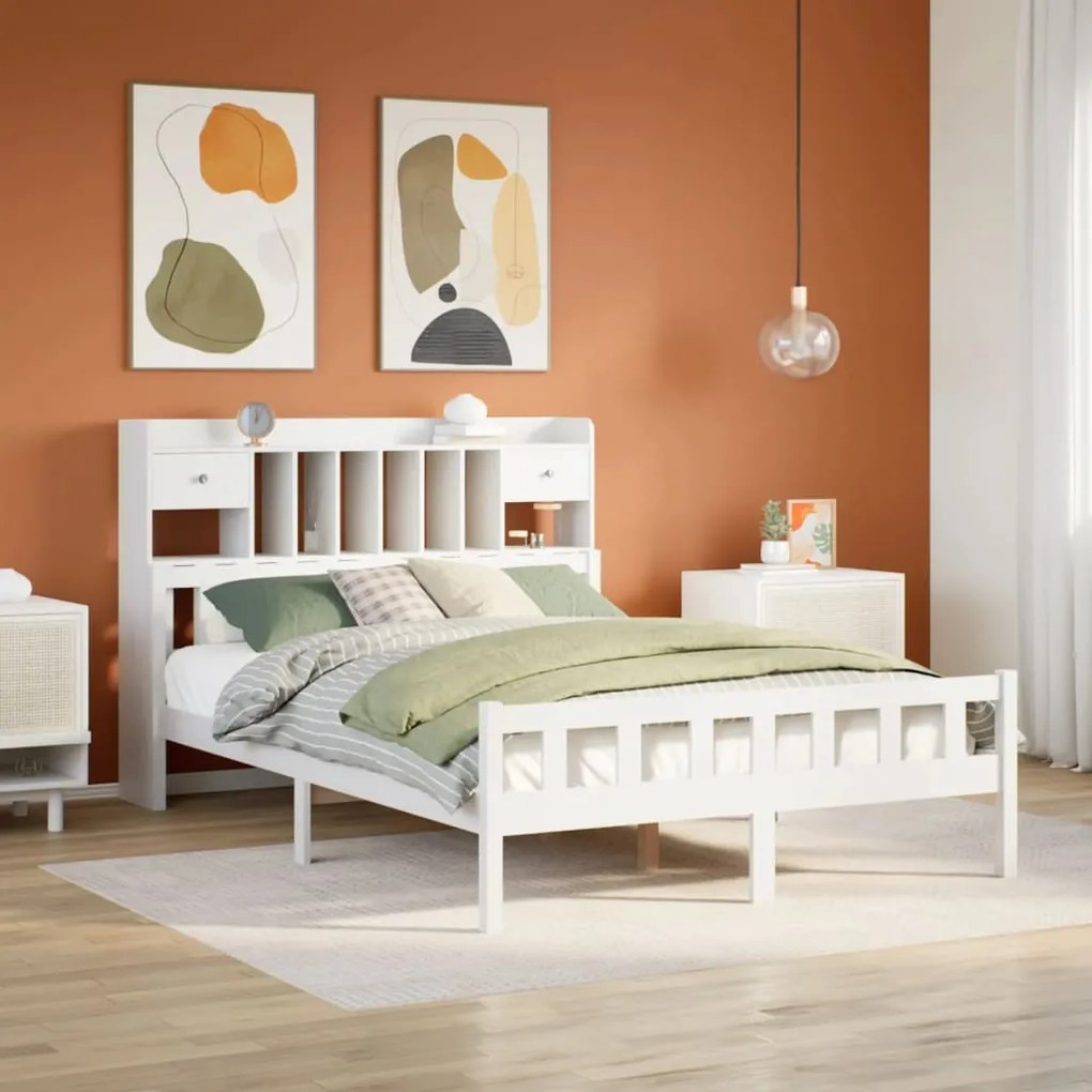vidaXL Cama com estante sem colchão 140x190 cm pinho maciço branco