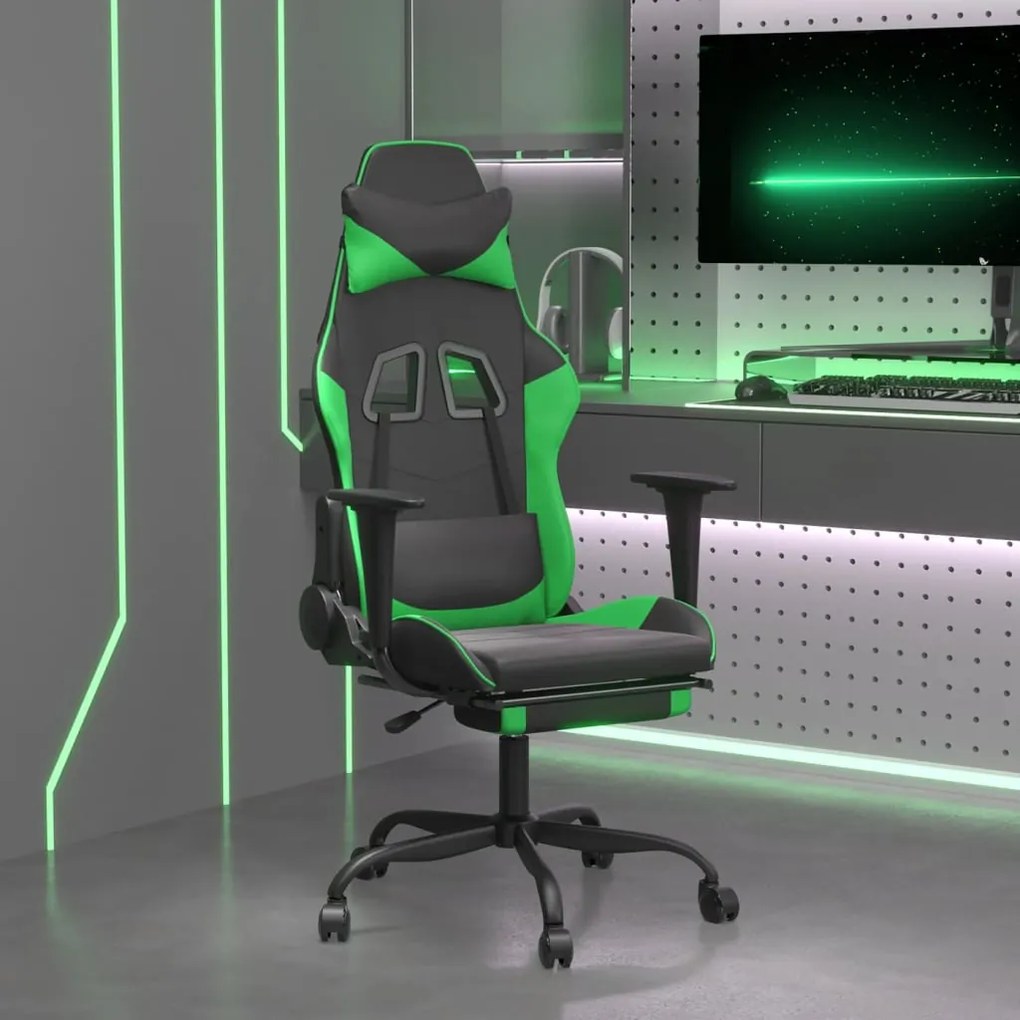 Cadeira gaming massagens c/ apoio pés couro artif. preto/verde