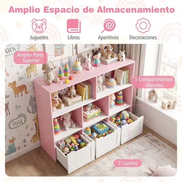 Estante infantil para brinquedos 100 x 33 x 90 cm com 5 compartimentos abertos e 3 gavetas móveis – Organizador de brinquedos com rodas para sala de j