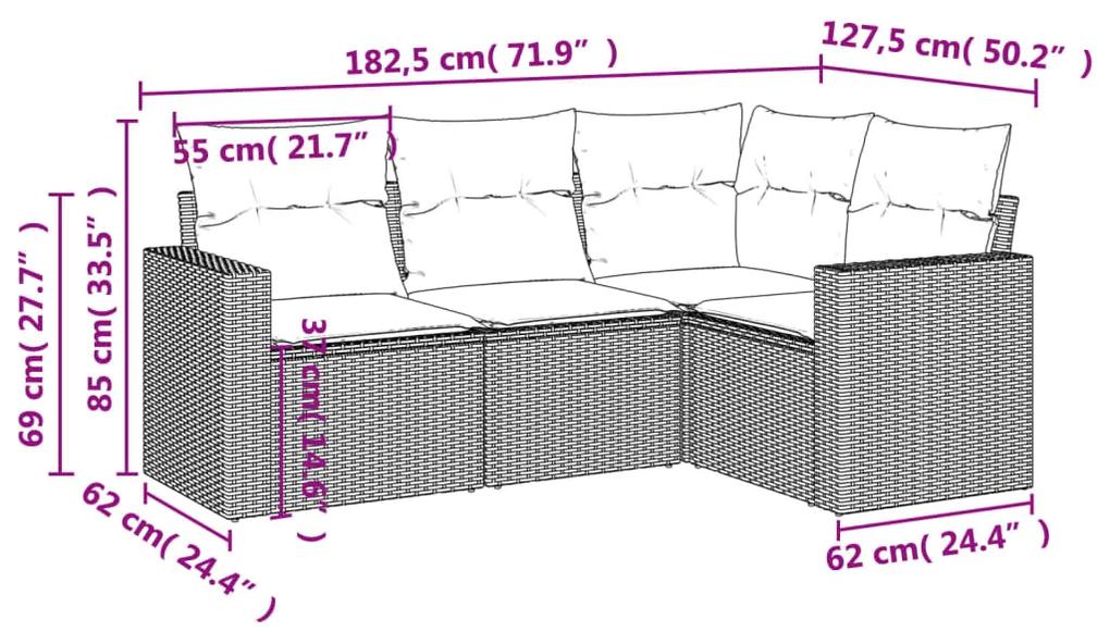 4 pcs conjunto sofás de jardim c/ almofadões vime PE cinzento