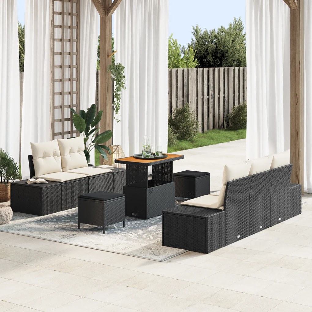 Conjunto de Sofá de Jardim vidaXL 8 Peças com Almofadas Preto Polirattan Acácia