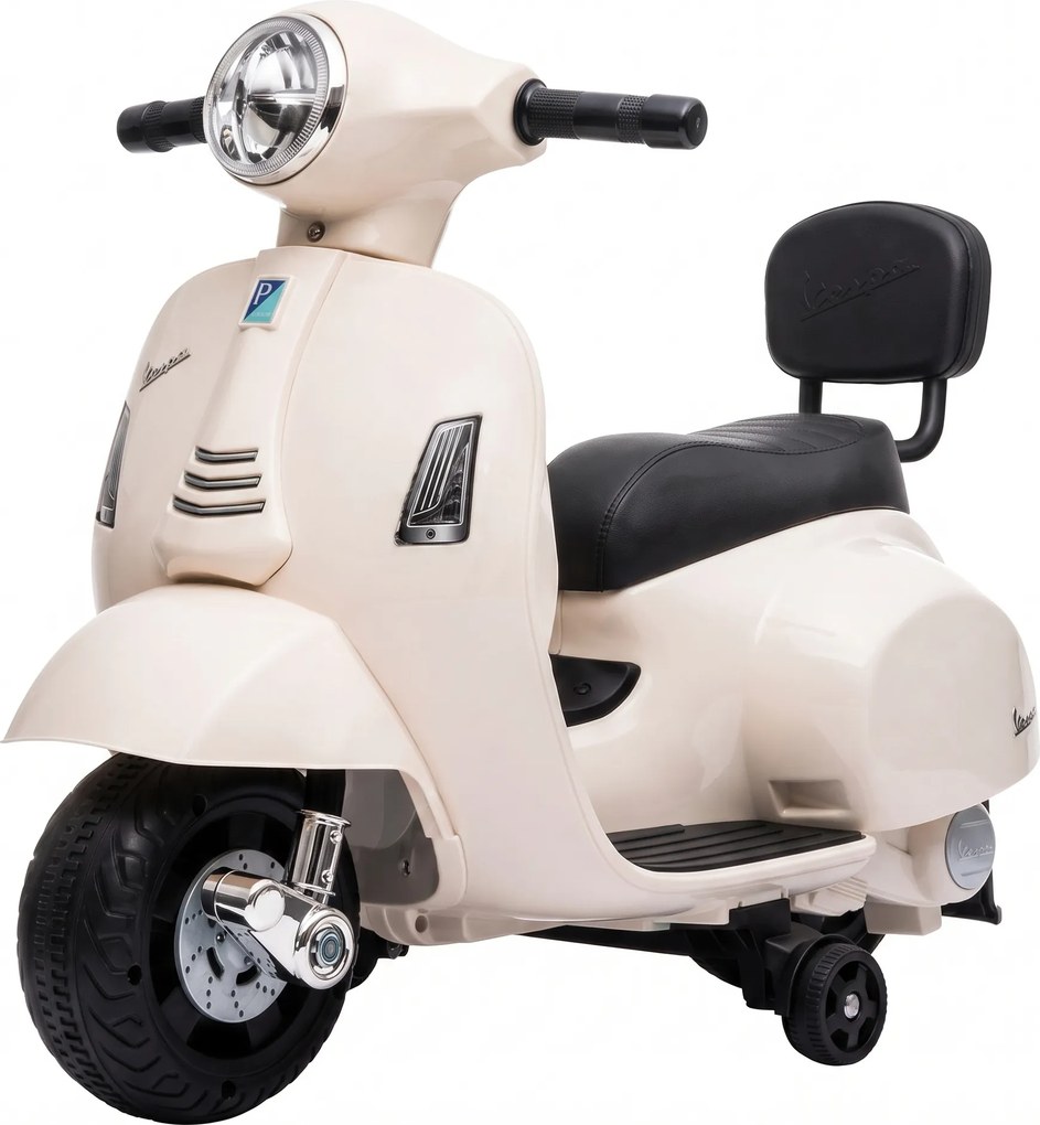 AIYAPLAY Mota Elétrica Infantil Mini Vespa GTS com 2 Rodas Auxiliares, Bateria de Lítio, Farol, Buzina e Encosto, Branco | Aosom Portugal