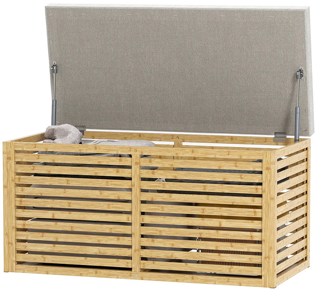 Baú de Arrumação para Dormitório 122L Estofado em Linho Sintético com Almofada Estrutura de Bambu 90x42x43 cm Cinza e Madeira
