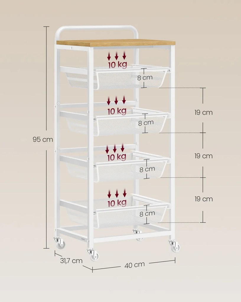 Carrinho de cozinha 31,7 x 40 x 95 cm com vários níveis e cestos extraíveis carvalho dourado-branco