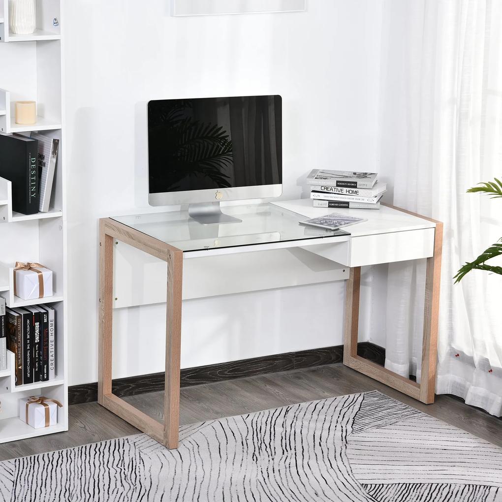 HOMCOM Secretária para escritorio estudo Design moderno com tampo de vidro temperado Gaveta Combinação de estilos 120x60x75 cm branco