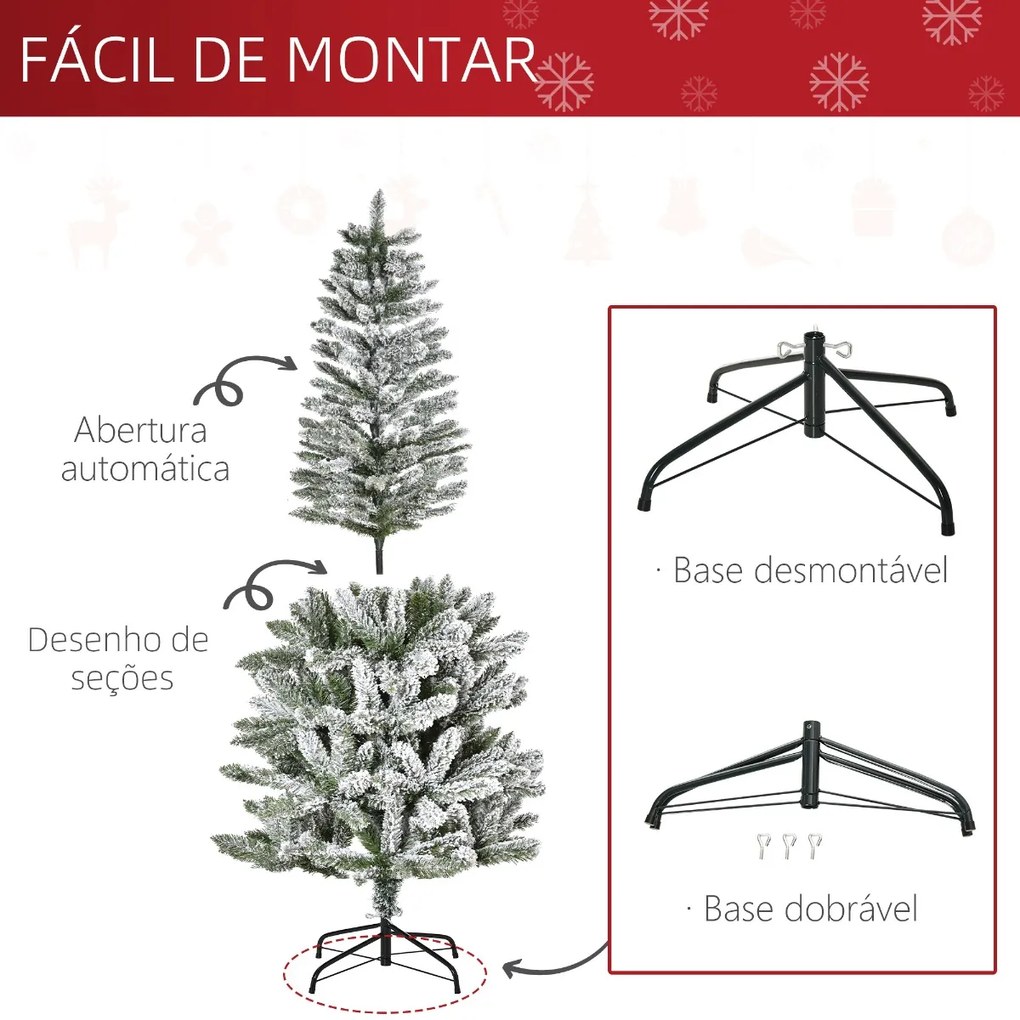Árvore de Natal 180cm Neve Artificial com 394 Ramos Ignífugos de PVC Base Dobrável e Suporte de Aço Decoração de Natal para Interiores Ø60x180cm Verde
