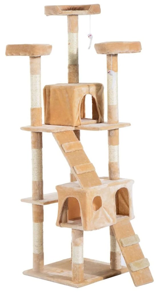 PawHut Árvore Arranhador para Gatos Grande 50x50x170cm com Múltiplos Níveis Cavernas Brinquedos Suspensos Bege