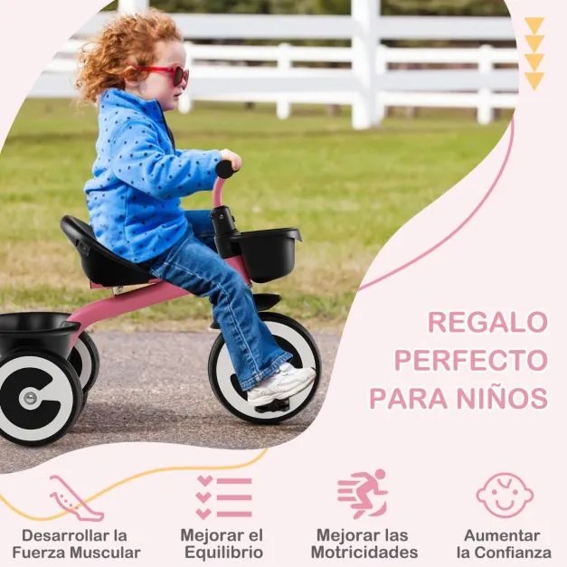 Triciclo infantil de 3 rodas com assento ajustável, cestos dianteiro e traseiro, estrutura em ferro, para 1,5 a 5 anos Rosa