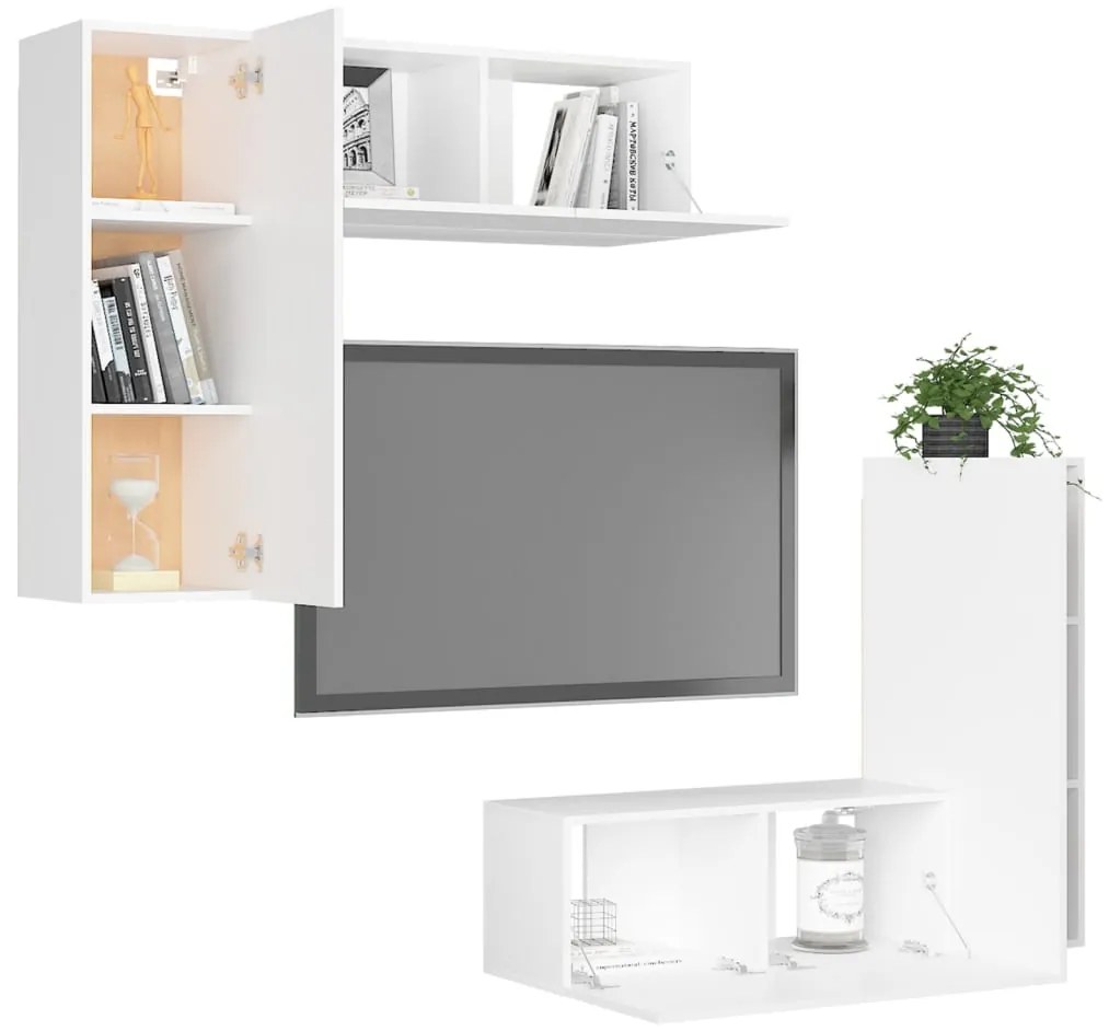 4 pcs conjunto de móveis de TV contraplacado branco