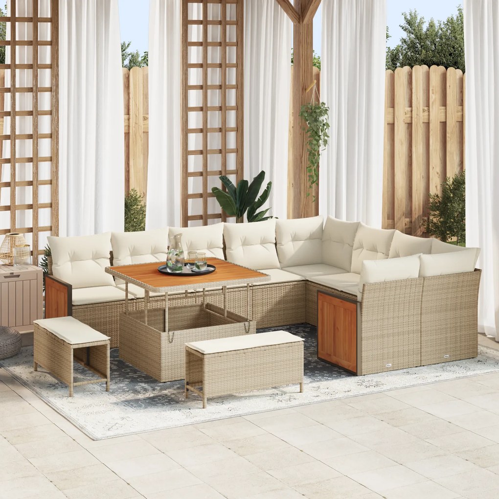 Conjunto de Sofá de Jardim vidaXL 12 Peças com Almofadas Bege de Rattan Poliéster