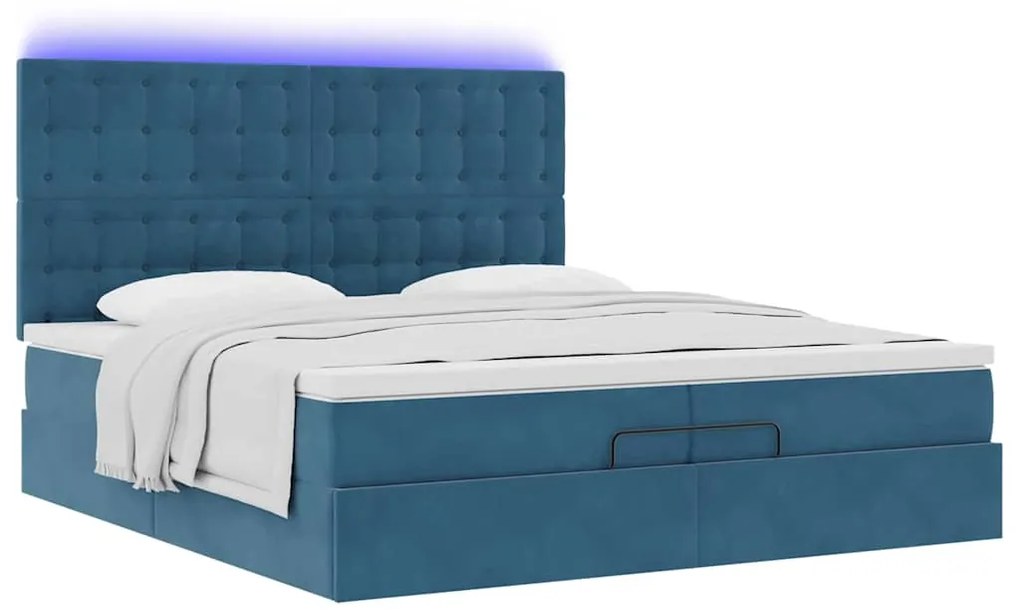 Cama otomana com colchões/LEDs 200x200 cm veludo azul-escuro